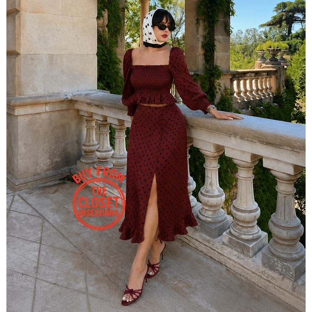 Zara NWT Burgundy Polka Dot Puff Sleeve Co Ord Set M L